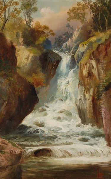 Waterfall Scenes Oil Painting by J. Lewis