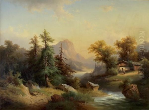 Wildbach In Alpenlandschaft Oil Painting by J. Lewis