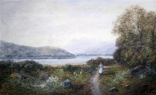 Landscape With Woman Beside A Loch Oil Painting by Lennard Lewis