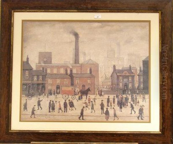 Figures Horse And Trap Before Buildings And Factories. Oil Painting by Lowry Lewis