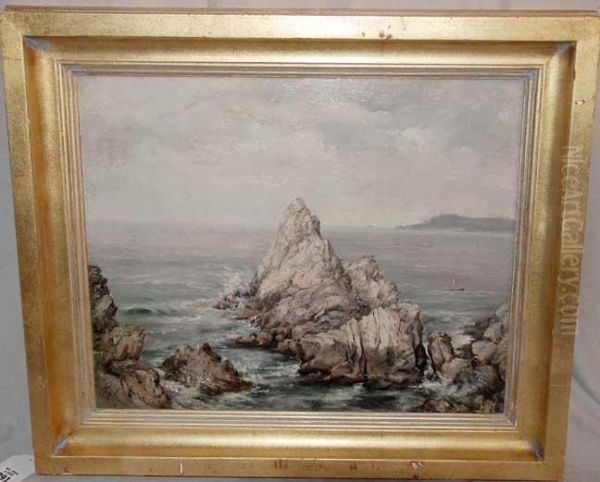 Very Rocky Coast With Small Boat by Mary Amanda Lewis