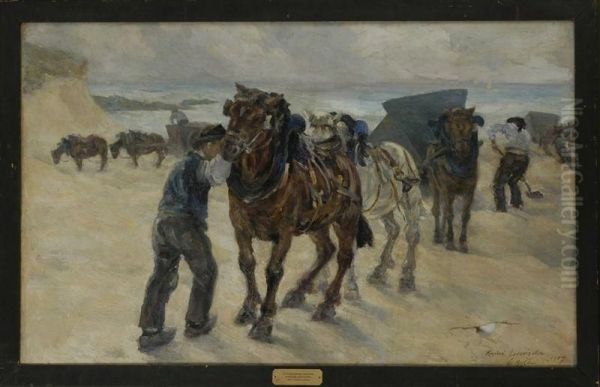 Le Pouldu Horses And Cars Oil Painting by Raphael Lewisohn