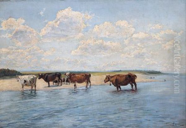 Landscape, River And Cows Oil Painting by Adoljeff Iljitsch Lewitan