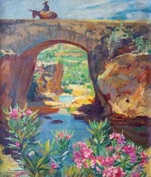 Spanische Landschaft Mit Alter Brucke, Eselreiter Und Bluhendem Oleander Im Vordergrund Oil Painting by Kurt Leyde