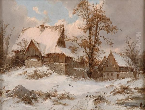 Dorfansicht Im Winter. Oil Painting by Carl Julius Leypold