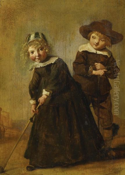 Girl And Boy Playing Croquet Oil Painting by Judith Leyster