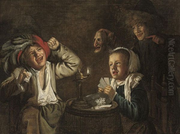 An Interior With Children Playing Cards By Candlelight Oil Painting by Judith Leyster