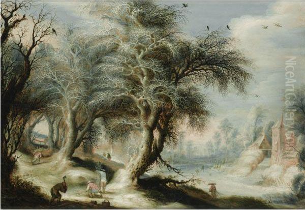 A Winter Landscape With Woodcutters On A Bank Beside A Frozencanal, A Village To The Right Oil Painting by Gijsbrecht Leytens