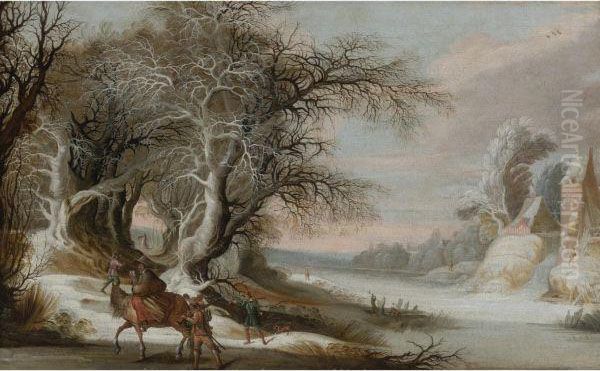 A Winter Landscape With Men Oil Painting by Gijsbrecht Leytens