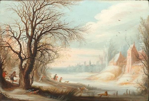 Winter Landscape With Hunters Pursing A Fox. Oil Painting by Gijsbrecht Leytens