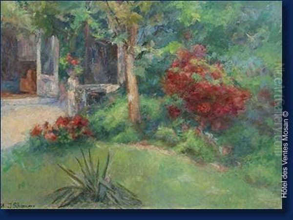 Au Jardin Oil Painting by Modeste Jean Lhomme