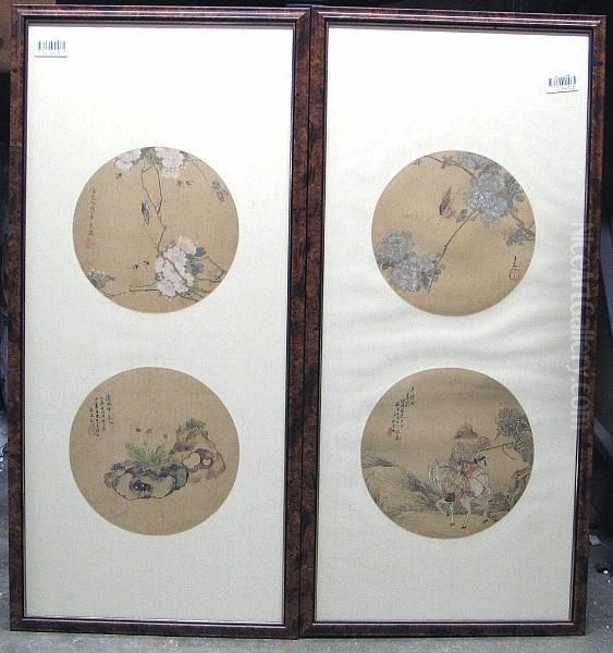 Eight Round Fan Paintings Mounted In Four Frames Oil Painting by Ju Lian