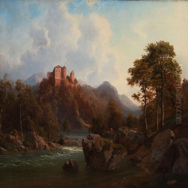 Southern European Landscape With A Castle On A Hilltop Oil Painting by Georg Emil Libert