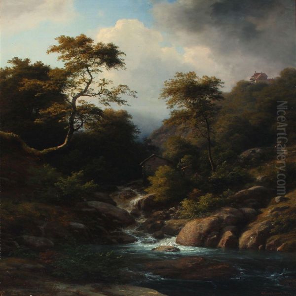 Landscape With Rushing River Oil Painting by Georg Emil Libert