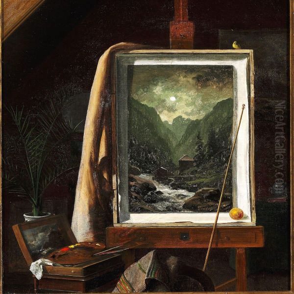 From The Artist's Studio, On The Easel One Of Libert's Paintings With A Motif From Norway Oil Painting by Georg Emil Libert