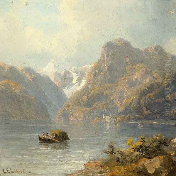 Mountain Landscape With Boats On A Lake Oil Painting by Georg Emil Libert