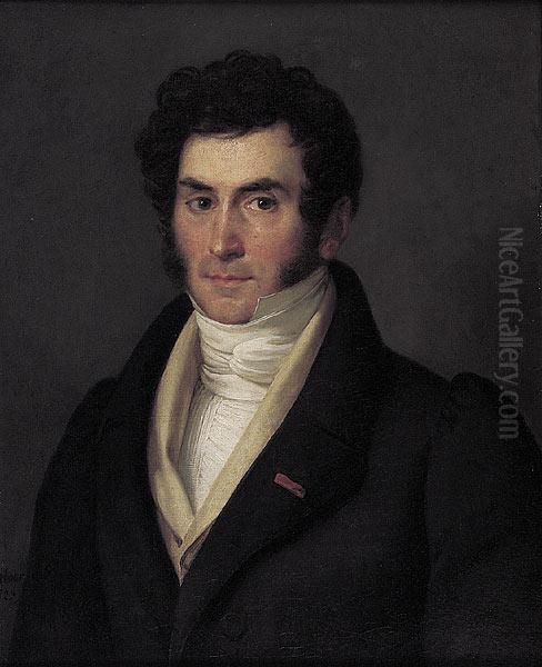 Portrait Of A Handsome Gentleman In A Black Suit With Red Lapel Ribbon Oil Painting by Esprit Aime Libour