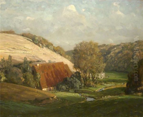 Sommerliche Ansicht Einer Talsohle Mit Bauerngehoft An Einem Bachlauf Oil Painting by Hans Licht