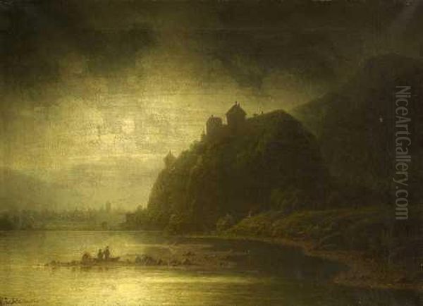 Nachtliche Uferlandschaft Mit Burg Oil Painting by Wilhelm Lichtenheld