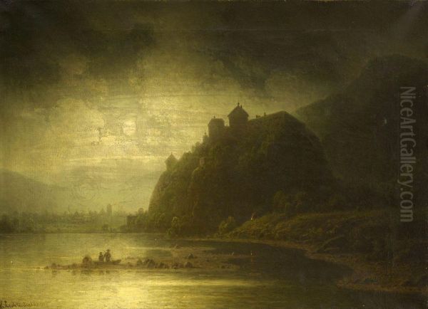 Nachtliche Uferlandschaft Mit Burg. Oil Painting by Wilhelm Lichtenheld