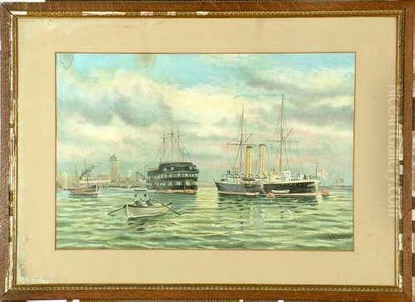 15 1/2in. X 24in. Hms Wellesley And Other Vessels In North Shields Harbour-cromolithograph Oil Painting by John Davison Liddell