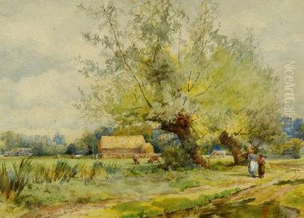 A Landscape With Cattle, Corn Stooks And Figures, Watercolour, Signed, 22 X 30 Cm See Illustration Oil Painting by Thomas Hodgson Liddell