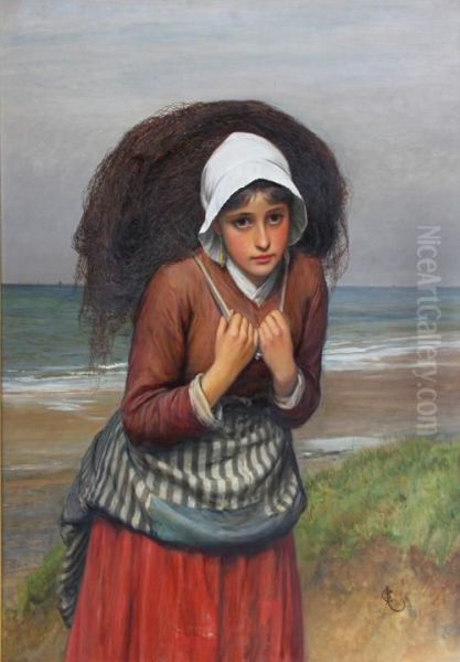 Young Fishergirl Carrying A Net Oil Painting by Charles Sillem Lidderdale