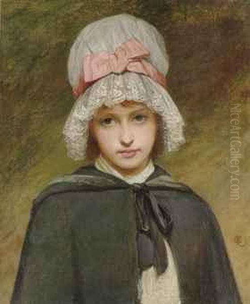 A Young Girl In A Wooded Landscape In A White Mob Cap With Pink Ribbon Oil Painting by Charles Sillem Lidderdale