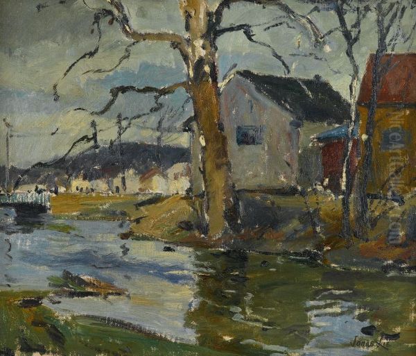 Houses By A River Oil Painting by Jonas Lie