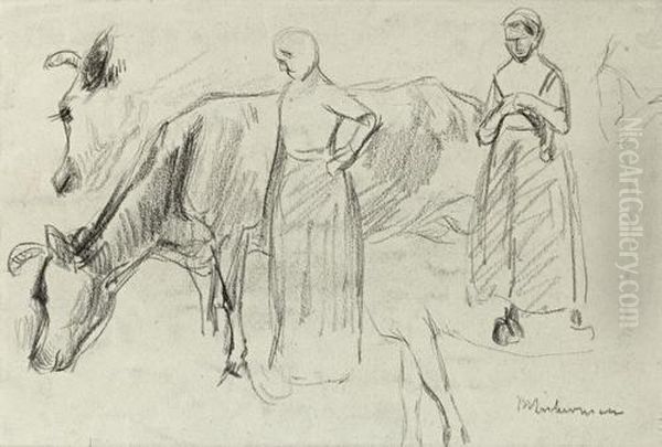 Studienblatt Mit Skizzen Zu Dem Gemalde 'strickendes Madchen Mit Kuh' Oil Painting by Max Liebermann