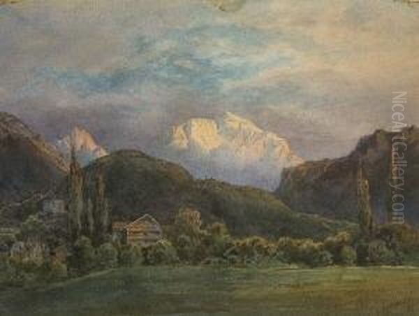 Gebirgslandschaft Im Abendlicht. Oil Painting by Theodor August Liebler