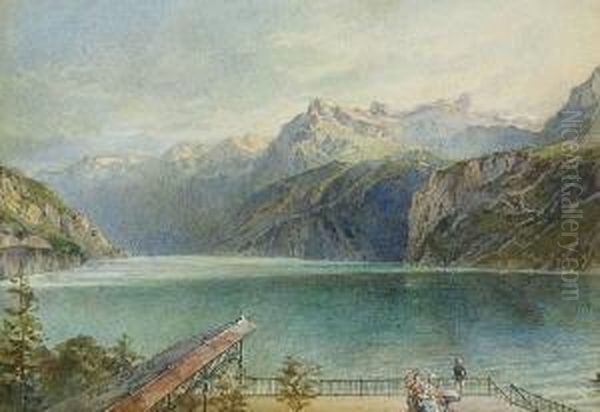 Terrasse Uber Einem
 Gebirgssee. Oil Painting by Theodor August Liebler