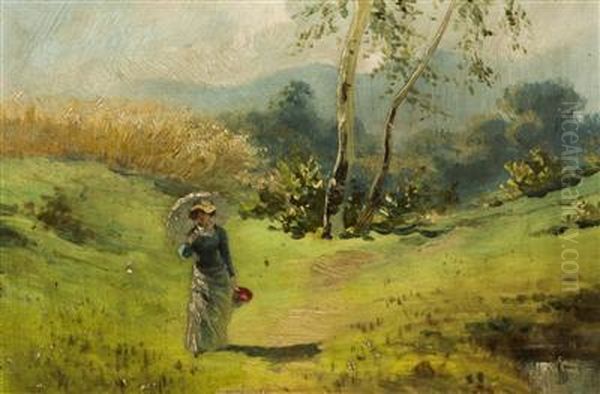 A Lady With A Parasol Oil Painting by Adolf I Liebscher