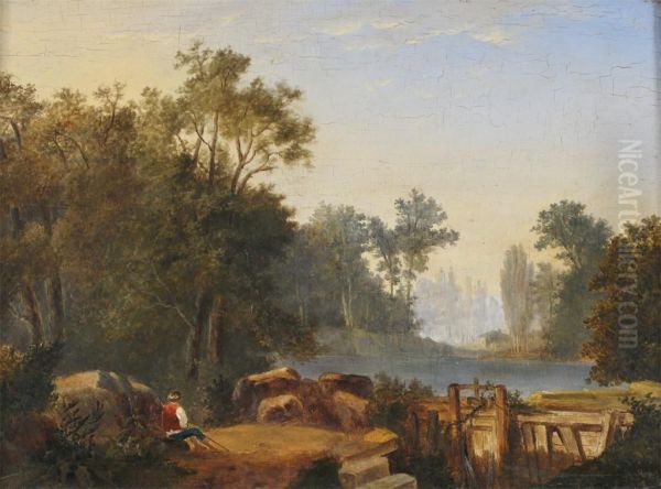 A Boy By A Lake Near A Sluice Oil Painting by A.A. Lieden