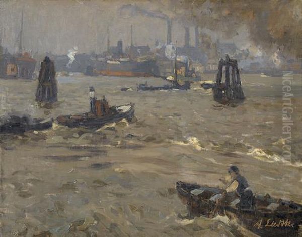 Industriehafen Mit Booten Und Dampfschiffen Oil Painting by Alfred Liedtke