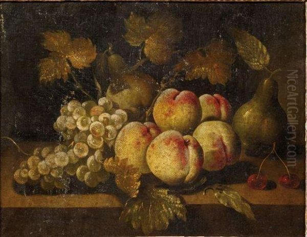 Peches, Raisins, Poires Et Cerises Sur Un Entablement Depierre Oil Painting by Paul Liegeois