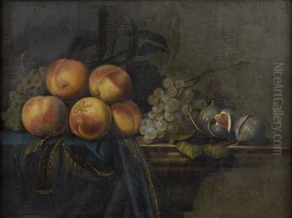 Nature Morte Aux Peches, Figues Et Grappes De Raisins Sur Unentablement Oil Painting by Paul Liegeois