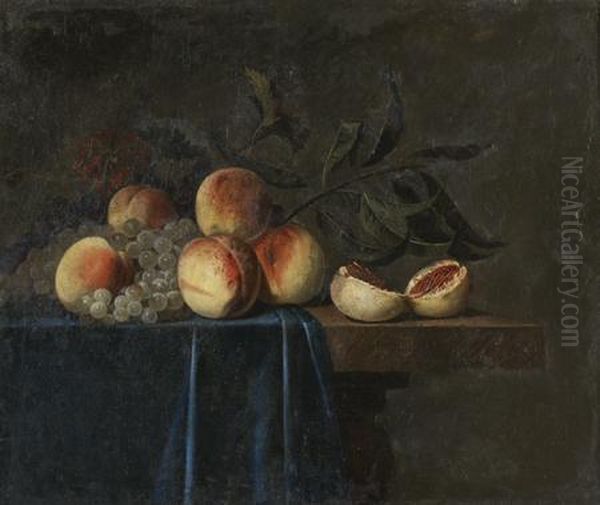 Nature Morte Aux Peches Et Raisin Sur Un Entablement Oil Painting by Paul Liegeois