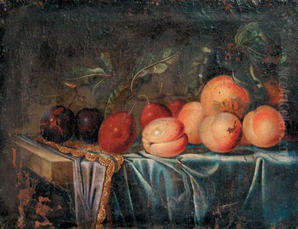 Nature Morte Aux Peches Et Prunes Sur Un Entablement Oil Painting by Paul Liegeois