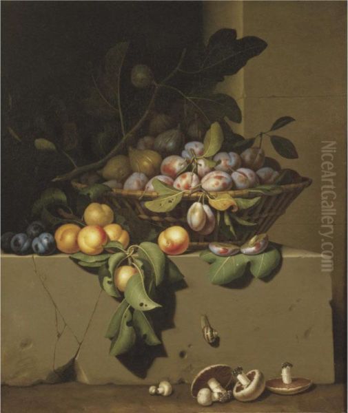 Plums And Figs In A Basket, With Apricots On A Stone Ledge, A Snail And Button Mushrooms Lower Down Oil Painting by Paul Liegeois