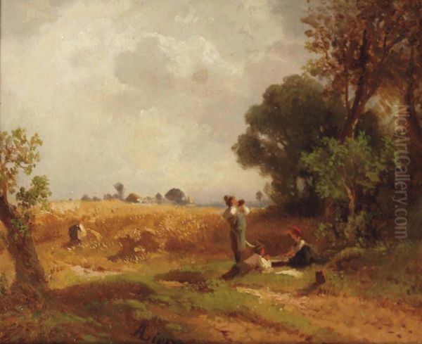 A Summer Landscape Wit Figures Resting By A Cornfield Oil Painting by Adolf Heinrich Lier