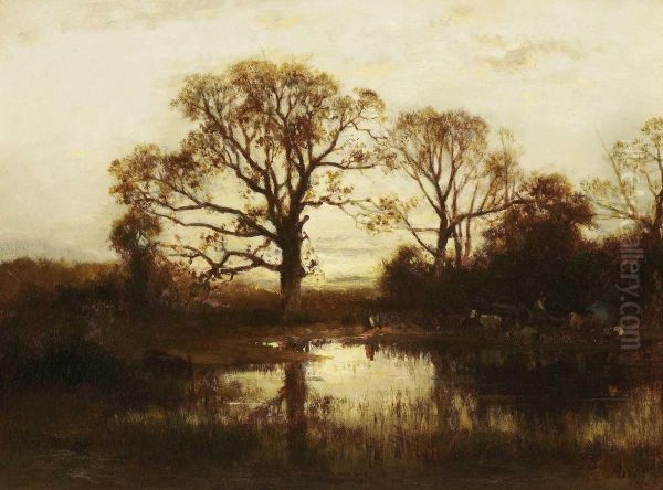 Waldsee In Der Abenddammerung. Oil Painting by Adolf Heinrich Lier