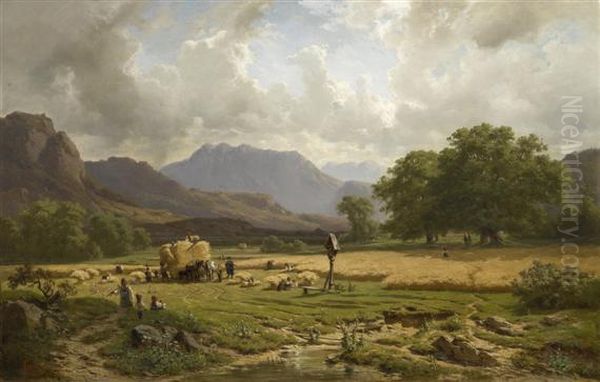 Grain Harvest In The Mountains Oil Painting by Adolf Heinrich Lier