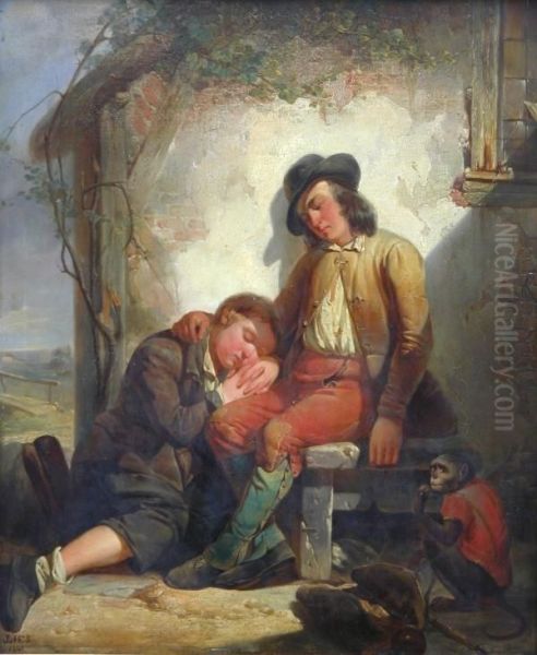 Slapende Kinderen Met Een Aapje Oil Painting by Jozeph Hendrik H. Lies