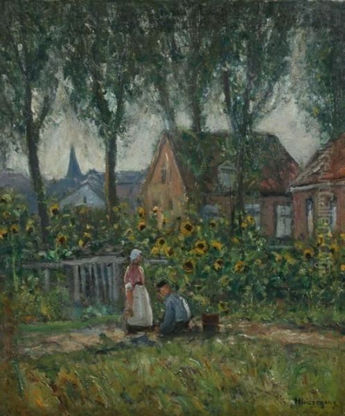 Village Scene With Sunflowers Oil Painting by Helmut Liesegang