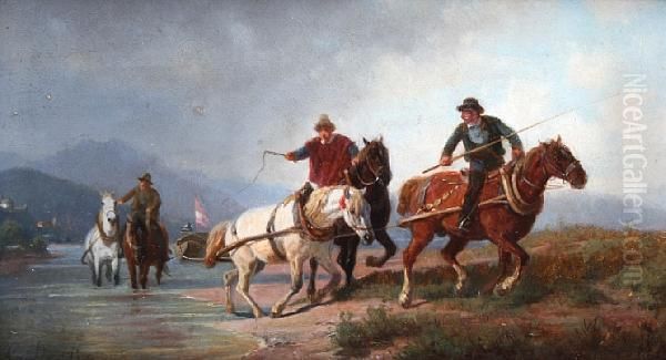 A Horse Team Crossing A River Oil Painting by Karl Lieske