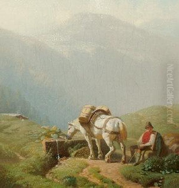 Traveller And Horse Resting On An Alpine Track Oil Painting by Karl Lieske