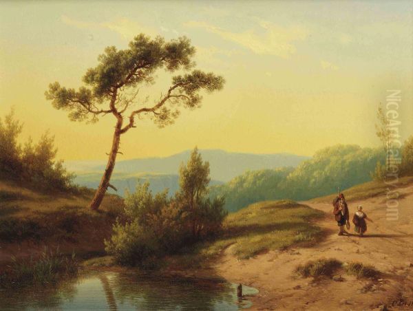 A Hilly Landscape With Travellers During Sunset Oil Painting by Cornelis Lieste