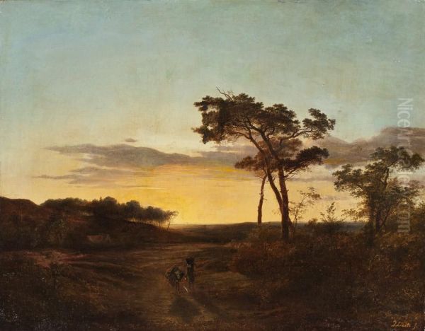 Bauerin In Weiter Landschaft Bei Sonnenuntergang Oil Painting by Cornelis Lieste