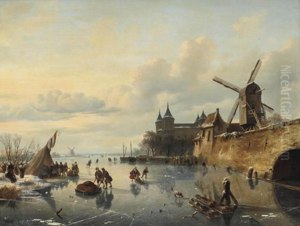 A Winter Landscape With Skaters Near A Dutch Town by Cornelis Lieste